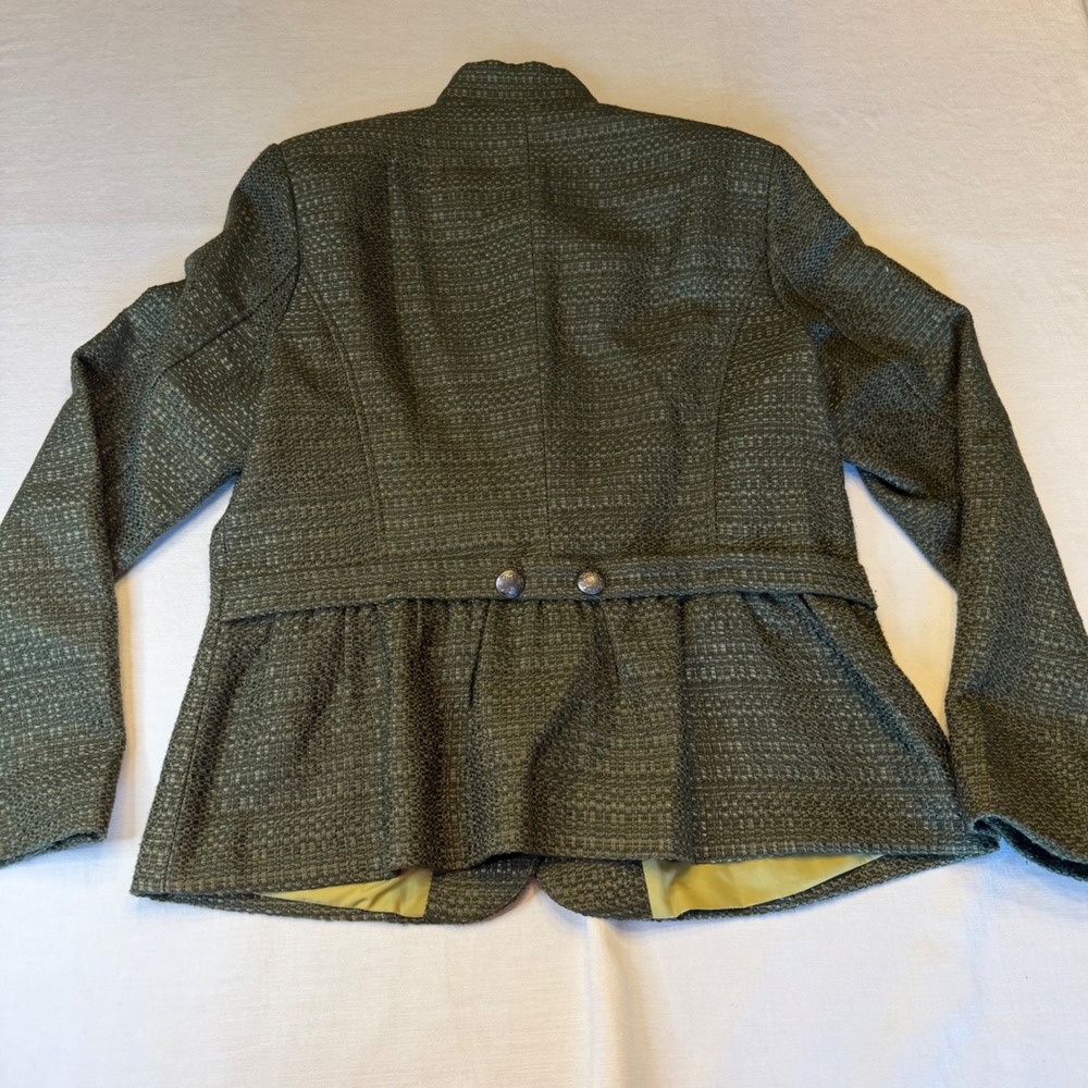 Coldwater Creek Blazer Women 10 Olive Green Tweed Peplum Crest Button Jacket - Picture 9 of 13